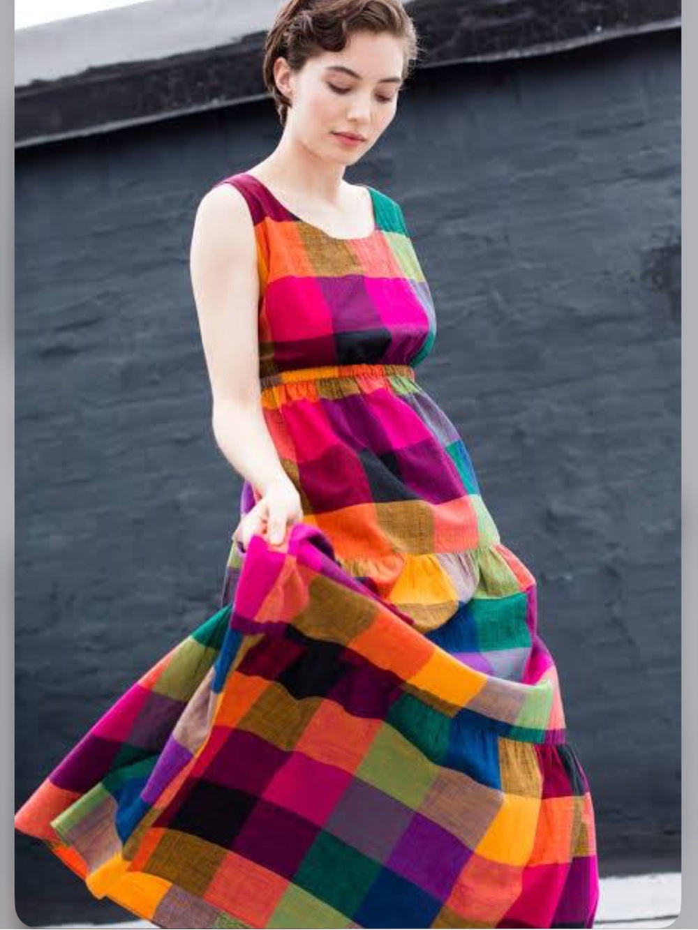 Rujuta Sheth Gema Tiered Maxi Multi-Chex Multicolor Plaid Tie Back Boho Small